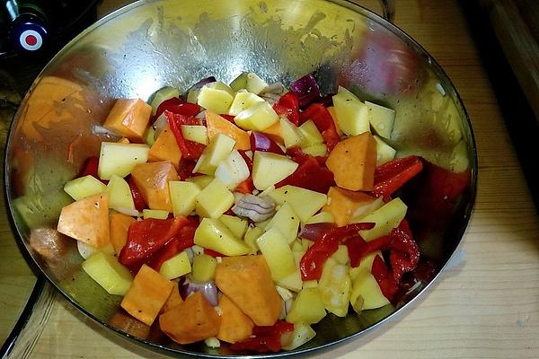 Oven Pan with Two Kinds Of Potatoes and Vegetables