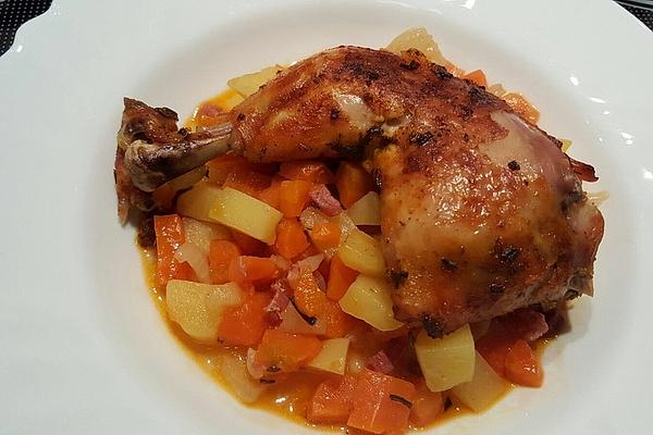 Oven Vegetables with Crispy Chicken Legs