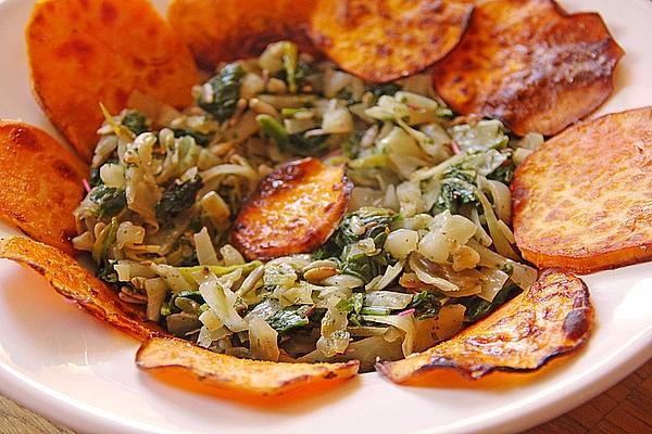 Pan-fried African Vegetables with Sweet Potato Chips