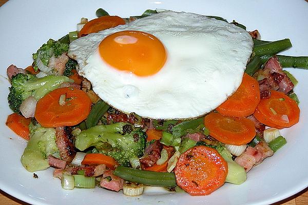 Pan Of Vegetables with Fried Egg