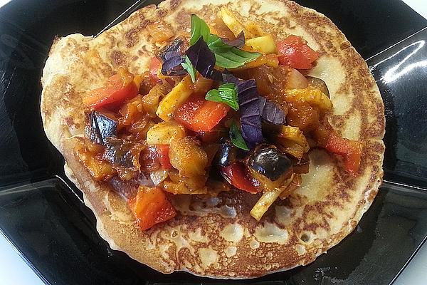 Pancakes with Red Lentil Flour and Summer Vegetables À La Ratatouille