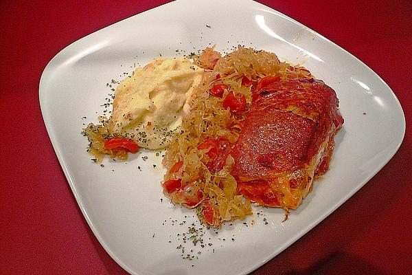 Paprika Sauerkraut with Fish Fillet Wrapped in Ham