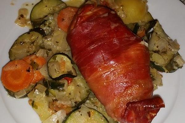 Parmesan Chicken Breast Wrapped in Prosciutto on Mediterranean Oven Vegetables