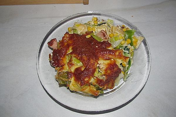 Pasta Casserole with Leek and Meat Sausage