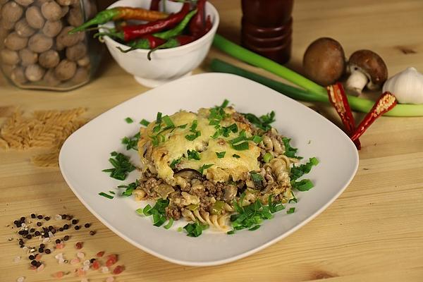 Pasta Mince Casserole with Mushrooms and Spring Onions