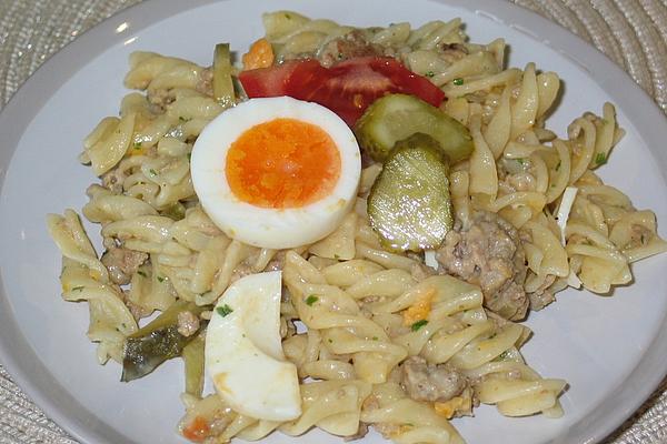 Pasta Salad with Minced Meat, Eggs, Pickles and Tomatoes
