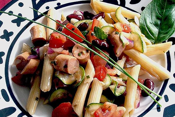 Pasta Salad with Raw Zucchini, Tomatoes, Kidney Beans and Sausage