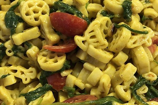 Pasta Salad with Spinach Leaves and Pine Nuts