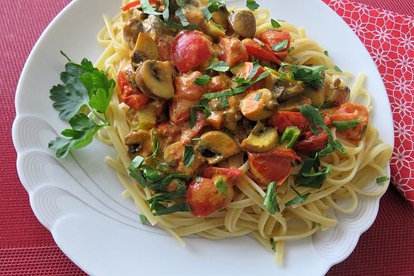 Pasta with Coconut Mushroom Sauce and Tomatoes