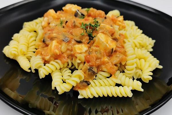 Pasta with Eggplant, Feta and Tomato Sauce