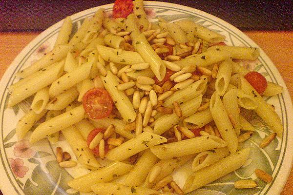 Pasta with Pine Nuts, Tomatoes and Garlic Tossed in Sesame Oil