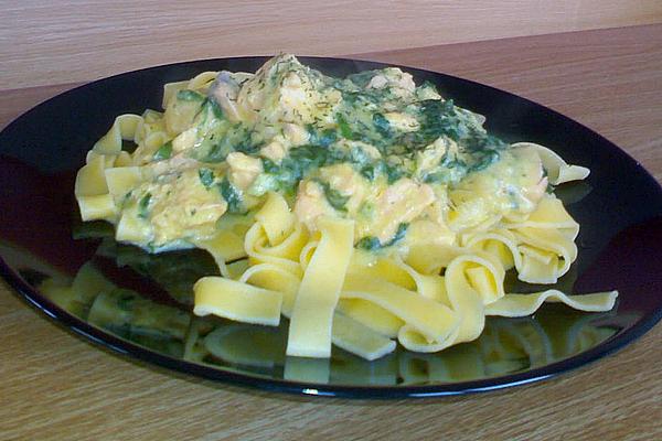 Pasta with Salmon – Saffron Sauce with Spinach Leaves