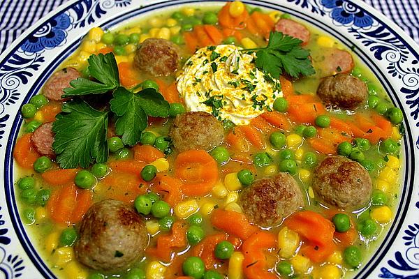 Pea and Carrot Soup with Veal Sausage