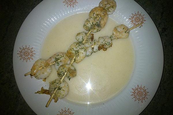 Pear-ginger-coconut Soup with Prawn Skewers