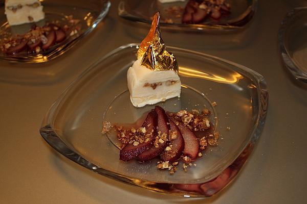 Pecorino Parfait with Walnut Brittle and Port Wine Pear