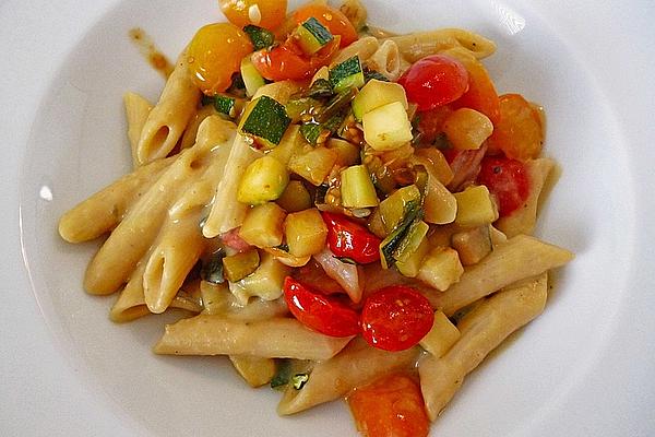 Penne with Chickpea Cream, Zucchini and Cherry Tomatoes