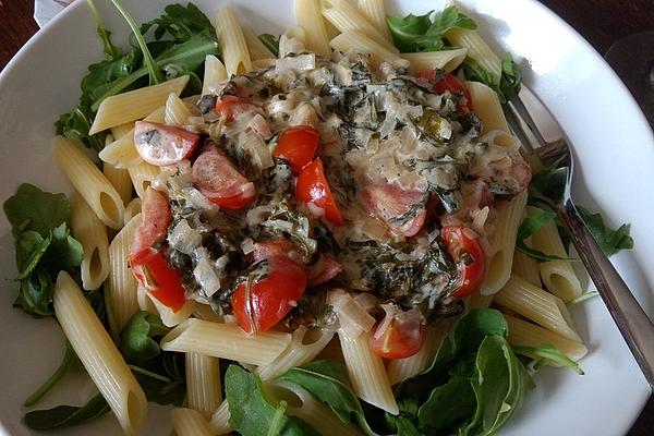 Penne with Rocket and Tomatoes in White Wine Sauce