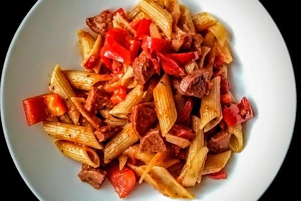 Penne with Sucuk, Onions and Bell Pepper in Tomato Sauce