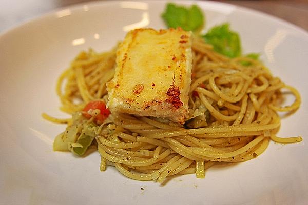 Pesto Spaghetti on Fried Feta with Mixed Vegetables