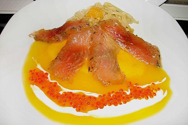Pickled Char with Orange – Fennel – Salad on Mango Mirror