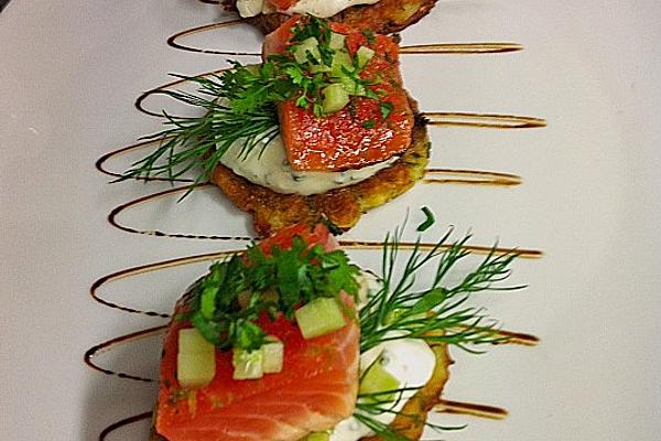 Pickled Mojito Salmon on Potato Fritters with Mint Dill Crème Fraîche and Cucumber