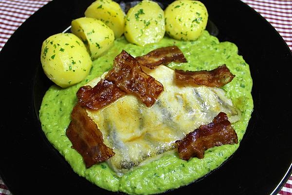 Pikeperch Fillet on Pea Puree in Bacon Vinaigrette