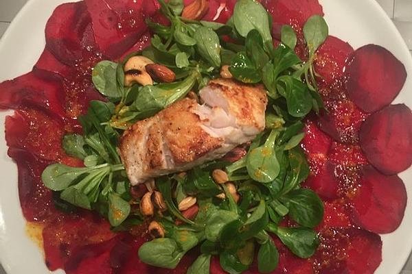 Pikeperch with Beetroot Carpaccio and Lamb`s Lettuce