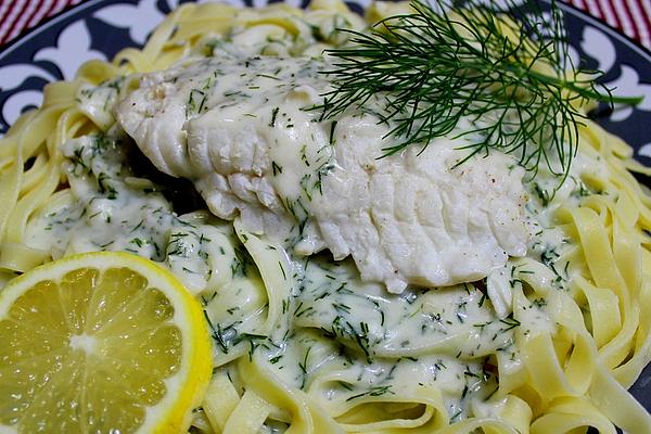 Poached Cod with Dill Sauce on Tagliatelle