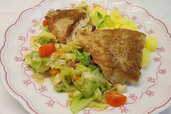 Pollack on Pointed Cabbage with Diced Ham and Mixed Vegetables