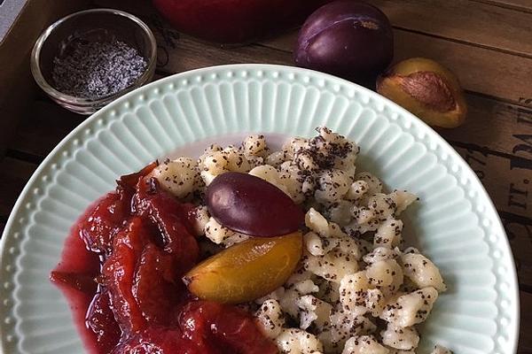 Poppy Seed Spaetzle with Plum Compote