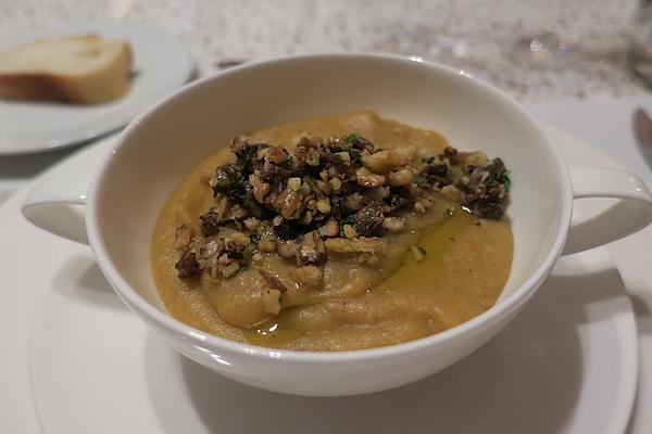 Porcini Potato Soup with Mushroom and Walnut Topping