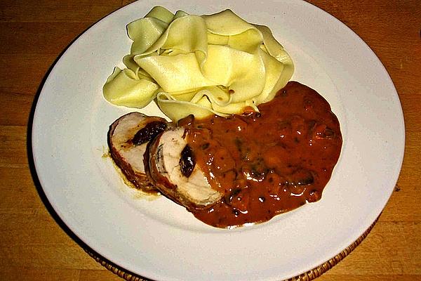Pork Fillet Filled with Gorgonzola Prunes and Sage Wrapped in Ham with Papardelle and Mushroom Sauce