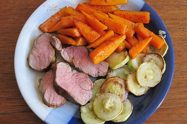 Pork Fillet from Oven, with Fried Zucchini and Candied Sweet Potato Fries
