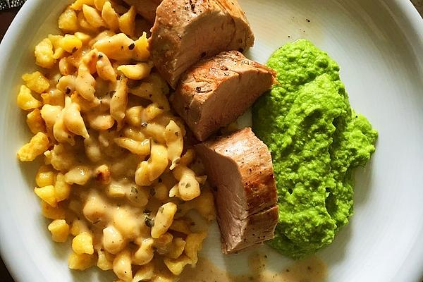 Pork Fillet with Pea Puree and Spaetzle in Cream Sauce