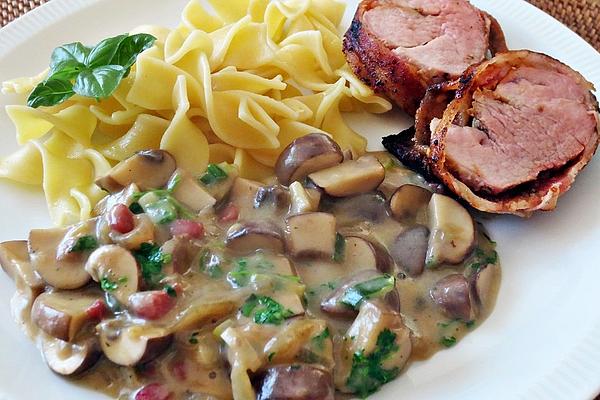 Pork Fillet Wrapped in Bacon with Creamy Mushroom Cheese Sauce