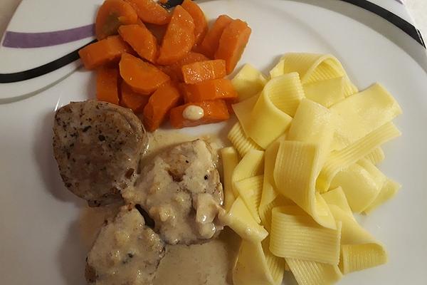 Pork Medallions with Carrot Vegetables, Ribbon Noodles and Blue Mold and White Wine Sauce