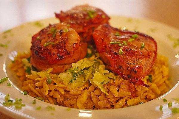 Pork Medallions with Honey Bacon on Curry Rice Noodles
