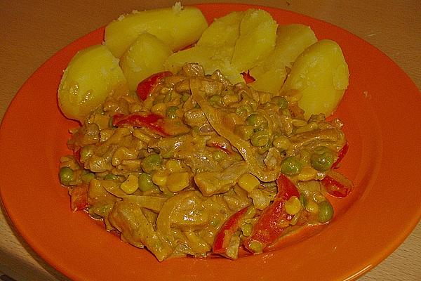 Pork Strips with Bell Pepper, Corn and Peas