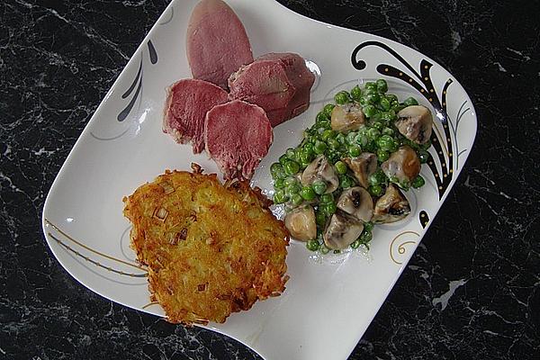 Pork Tongue with Pea and Mushroom Vegetables and Hash Browns