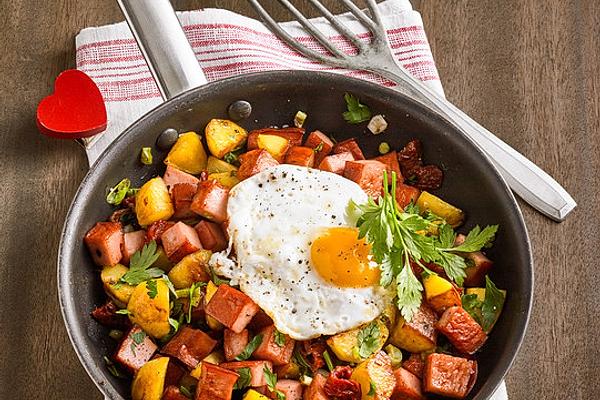 Potato and Meat Loaf Pan with Fried Egg