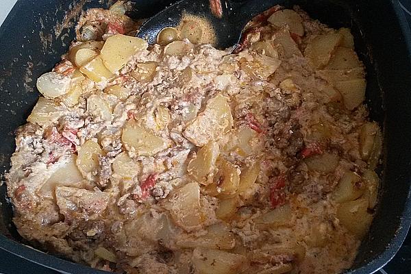 Potato and Minced Meat Casserole with Tomato and Sheep Cheese