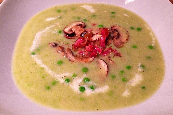 Potato and Pea Soup with Mushrooms and Bacon and Onion Garnish