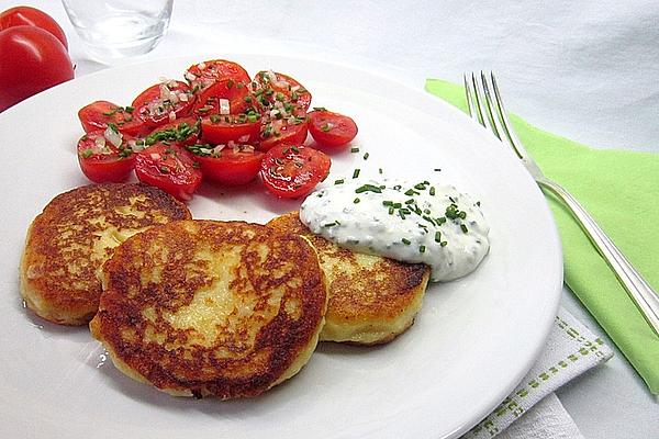 Potato and Quark Pancakes with Tomato Salad and Chive Quark