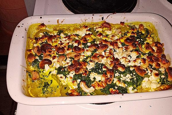 Potato and Spinach Casserole with Feta and Cashew Nuts