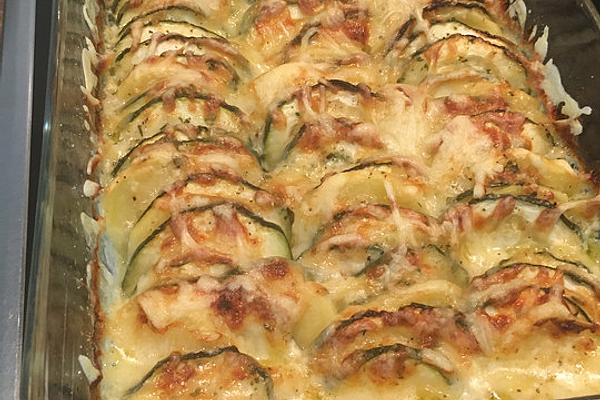 Potato and Zucchini Gratin with Rocket and Pine Nuts