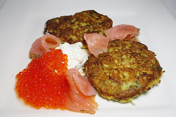 Potato and Zucchini Pancakes with Salmon, Herb Creme Fraiche and Trout Caviar