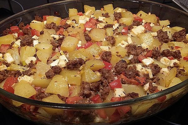 Potato Casserole with Minced Meat, Tomatoes and Feta