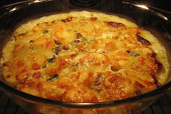 Potato Casserole with Spinach Leaves and Turkey Meat