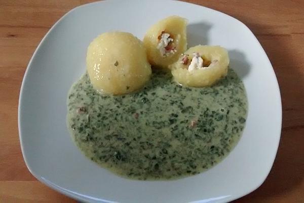 Potato Feta Dumplings with Spinach Cream Cheese Sauce
