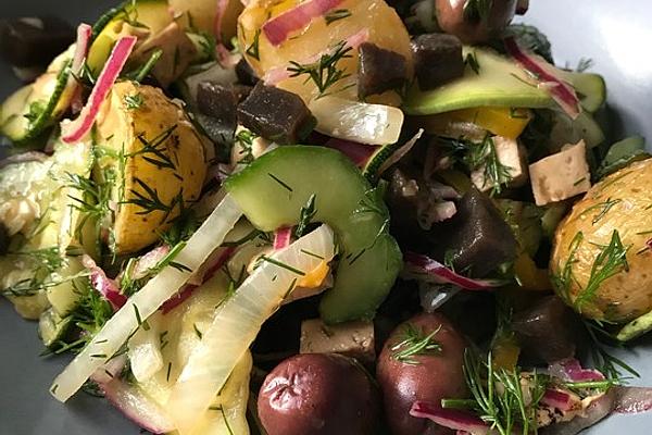 Potato Salad with Dill, Olives, Red Onions and Cucumber